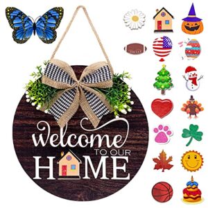 Interchangeable Welcome Sign Wreaths for Front Door - Seasonal Round Wood Door Sign, Farmhouse, Porch Wall Outdoor Hanging for Thanksgiving, Halloween, Christmas，Fall New Home Housewarming Gift Ideas