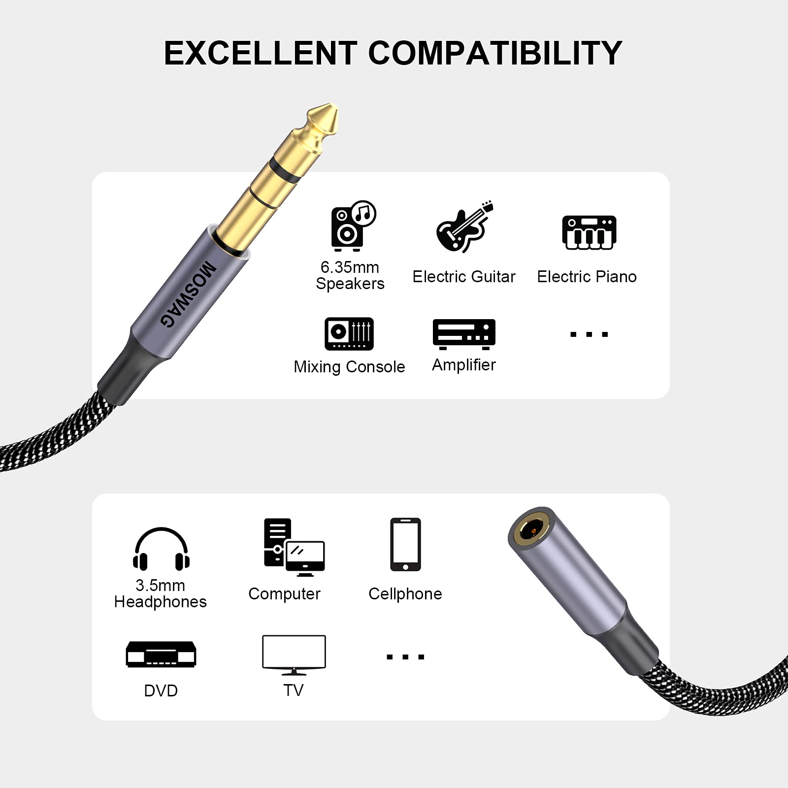 MOSWAG 6.35mm (1/4 inch) to 3.5mm (1/8 inch) Headphone Jack Adapter 10FT/3Meter 1/8 Female to 1/4 Male Extension Cable 3.5 to 6.35 for Mixer Guitar Piano Amplifier Speaker and More