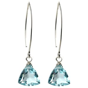 handmade dangle earrings for women - aquamarine blue quartz sterling silver earrings in gift box - sparkly blue quartz trillion - lightweight dangling earrings - trendy long dangly drop earrings