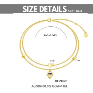 SISGEM Solid 14K Gold Layered Anklet for Women, Real Gold Evil Eye Hamas Hand Anklet Bracelet Foot Bracelet Fine Jewelry Anniversary Birthday Gifts for Her, Wife, Mom, 8''+2''