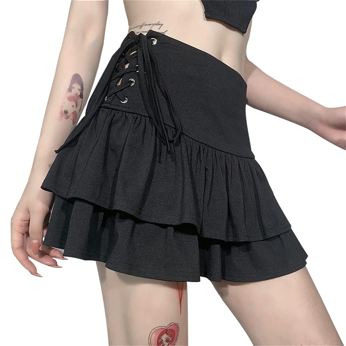 FIDDY898 Women’s High Waisted Goth Skirt Black Mini Skirts with Chain Short A-line Pleated School Tennis Skirt Dress-CB L