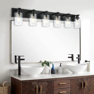 WINSHEN Modern Bathroom Vanity Light 6-Light Lamp in Black, Farmhouse Wall Light Fixture with Seeded Glass Shades Indoor Wall Lamp