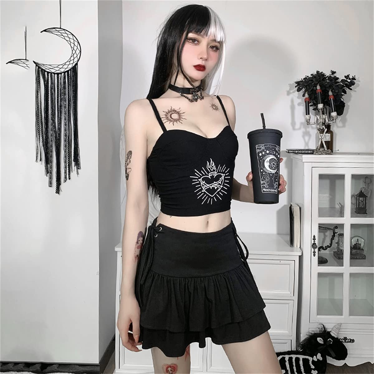 FIDDY898 Women’s High Waisted Goth Skirt Black Mini Skirts with Chain Short A-line Pleated School Tennis Skirt Dress-CB L