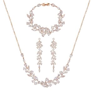 SWEETV Rose Gold Bridal Jewelry Set for Wedding, 3Pcs Long Floral Necklace Earring Bracelet Sets for Brides, Bridesmaids, Elegant Marquise and Cubic Zirconia Jewelry Set for Women Party Prom Gifts