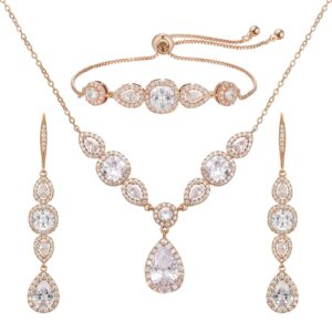 SWEETV 3 Pack Cubic Zirconia Bridal Jewelry Sets for Wedding, Crystal Necklace Dangle Earring Bracelet Jewelry Sets for Women, Rose Gold Prom Costume Jewelry Gifts