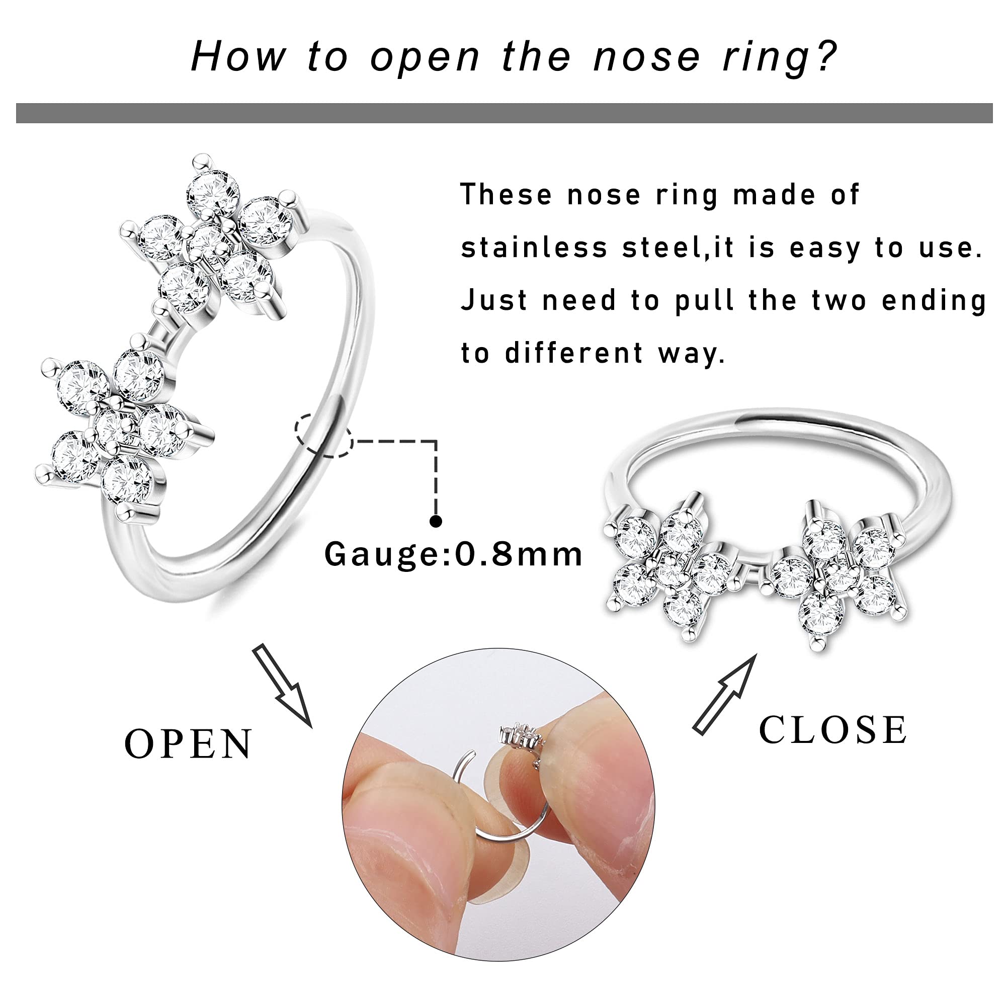 ORAZIO 9Pcs 20G Nose Rings Hoops For Women Surgical Steel Paved CZ Cartilage Earring Hoop Cute Butterfly Flower Nose Piercing Jewelry Silver Gold Black Rose Gold Nose Ring Hoop