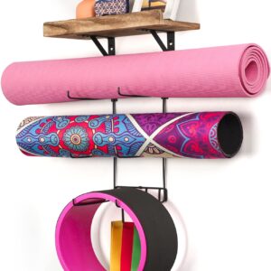 Bikoney Yoga Mat Holder Wall Mount Yoga Mat Storage Home Gym Accessories with Wood Floating Shelves and 4 Hooks for Hanging Foam Roller and Resistance Bands Fitness Home Gym Carbonized Black