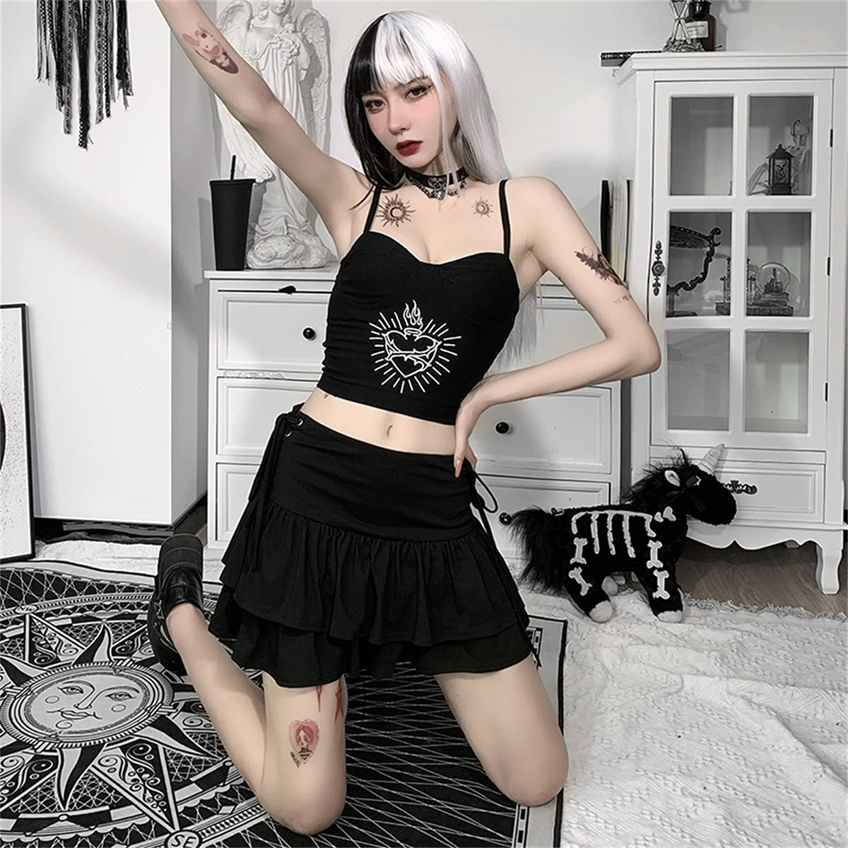 FIDDY898 Women’s High Waisted Goth Skirt Black Mini Skirts with Chain Short A-line Pleated School Tennis Skirt Dress-CB L