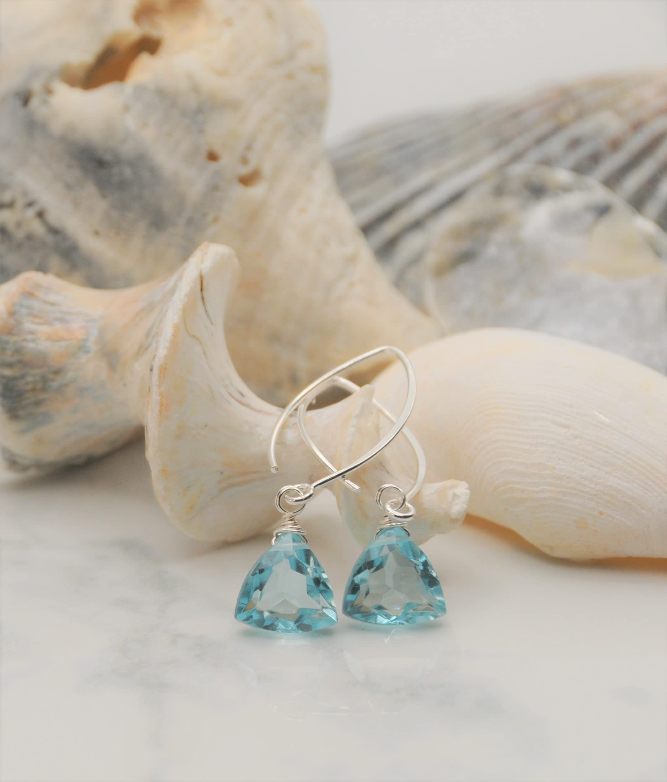 Handmade Dangle Earrings for Women - Aquamarine Blue Quartz Sterling Silver Earrings in Gift Box - Sparkly Blue Quartz Trillion - Lightweight Dangling Earrings - Trendy Long Dangly Drop Earrings