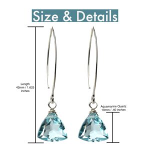 Handmade Dangle Earrings for Women - Aquamarine Blue Quartz Sterling Silver Earrings in Gift Box - Sparkly Blue Quartz Trillion - Lightweight Dangling Earrings - Trendy Long Dangly Drop Earrings