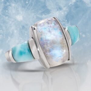 Stauer Larimar & Moonstone Ring – Genuine Gemstone Rings for Women – .925 Sterling Silver Rings for Women – Rare Larimar Jewelry Womens Rings size 07