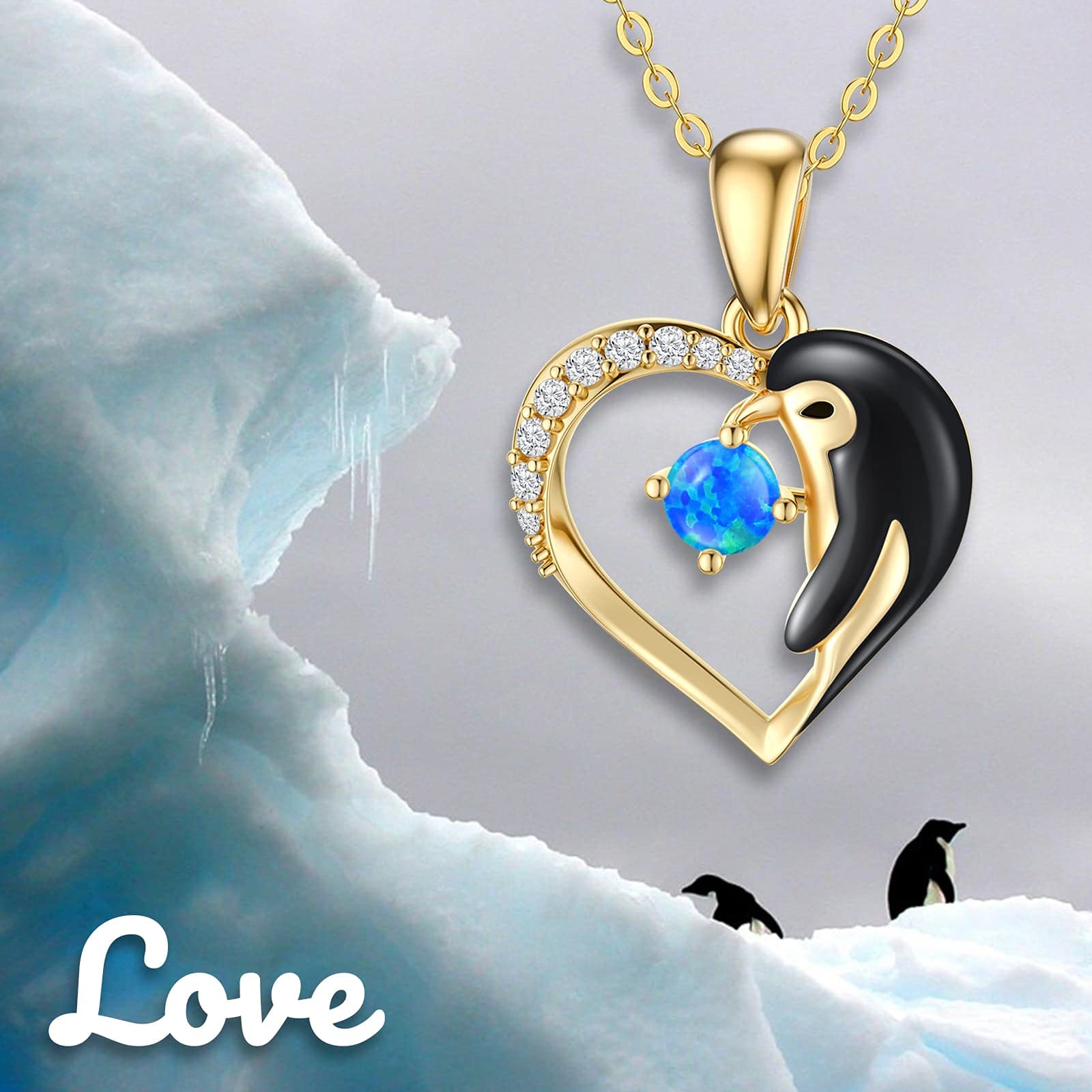 WSX 14k Gold Penguin Love Necklace October Birthstone Blue Opal Round CZ Heart Pendant Birthday Gift for Women Girlfriend Daughter