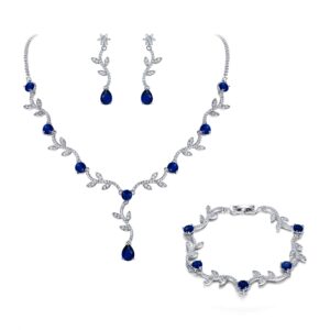 crysdue wedding vine jewelry set for brides bridesmaid, cubic zirconia elegance teardrop necklace bracelet dangle earrings for wedding prom party, sapphire leaves bridal jewelry