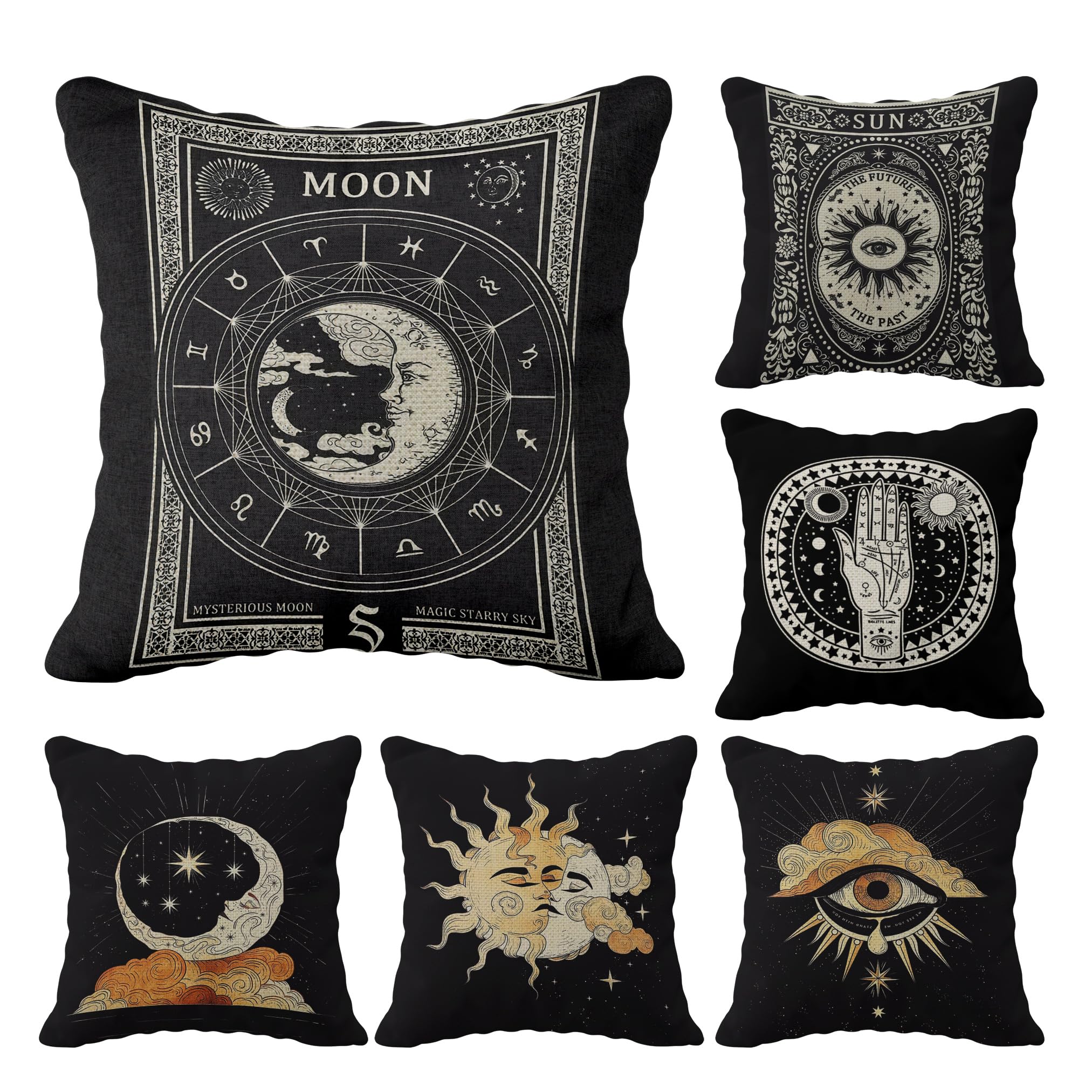 Tarot The Star Moon Sun Linen Throw Pillow Case, 18 x 18 Inch Set of 6, Tarot Theme Room Decor, Astrology Tarot Lovers Gifts, Mom, Daughter, Sister, Wife Gifts, Black Cushion Cover for Sofa Couch Bed