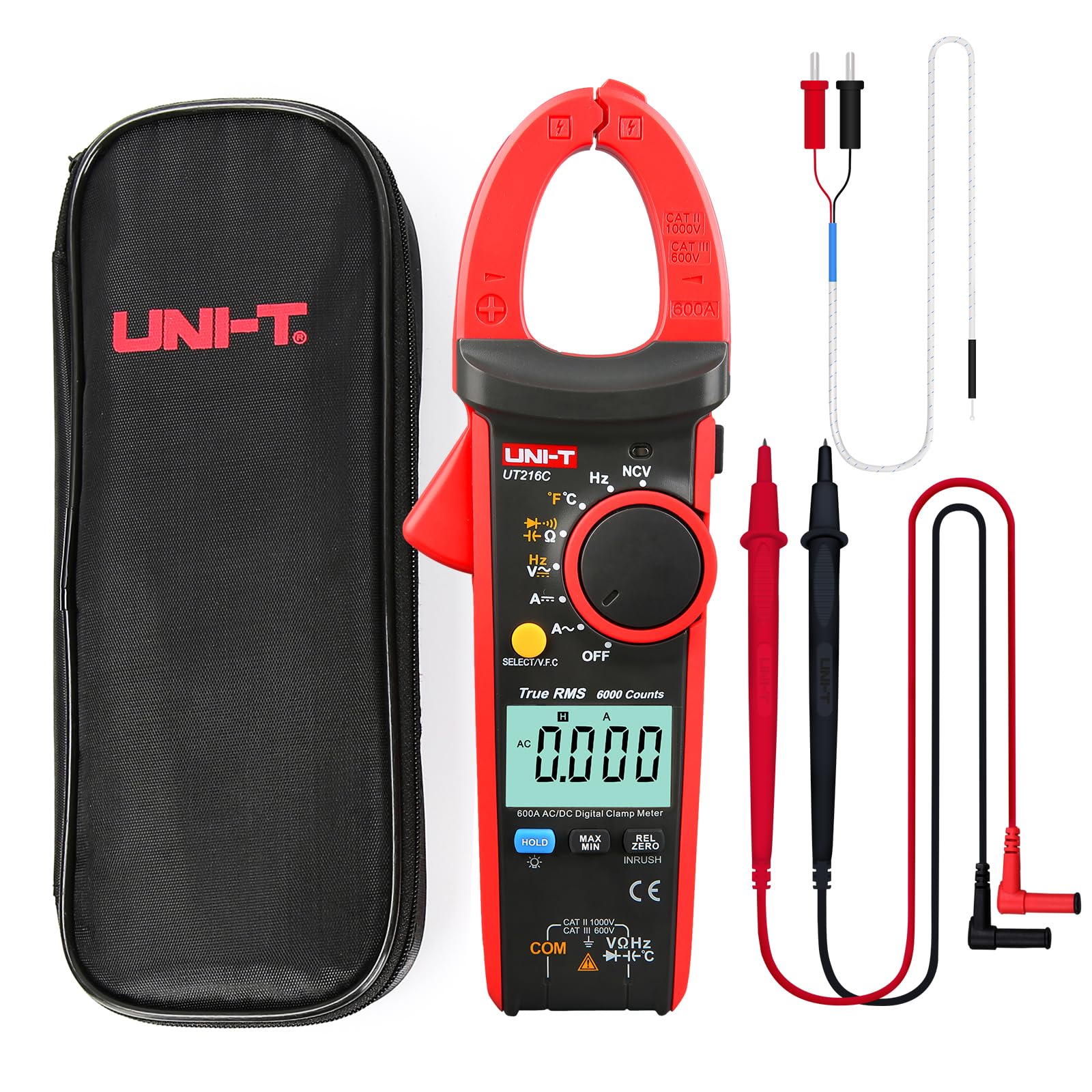 UNI-T Clamp Meter UT216C, Inrush Current AC/DC 600A TRMS HVAC Volt Amp Ohm Meter Multi Meter, Auto Ranging 6,000 Counts, Voltage Frequency Resistance Capacitance Temperature Continuity Diode Tester