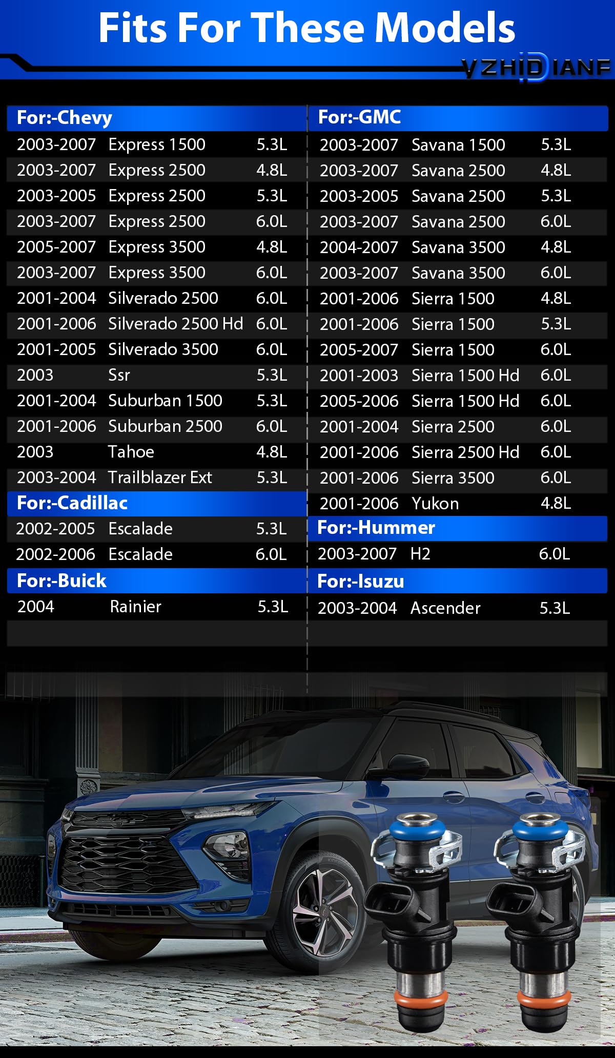 YZHIDIANF 17113698 Fuel Injectors FJ315 Fits For:-Chevy Silverado 1500 2500 3500 Tahoe For:-GMC Sierra Yukon For:-Cadillac Escalade For:-Buick Rainer 4.8 L 5.3 L 6.0 L 2001-2007, 17113553 (8pcs)