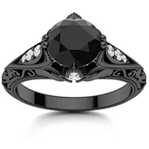 Round Cut Black Diamond & Cubic Zirconia 14k White Gold Plated 925 Sterling Silver Vintage Ring, Engagement Ring for Women's (12)