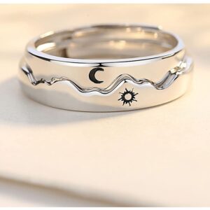 Couple Matching Rings for Woman Man Angel Devil Wings Dragon Arrow Open Rings Adjustable Sun Moon Promise Rings Set Friendship Rings Black White Couple Rings for Her and Him (Silver Sun Moon)