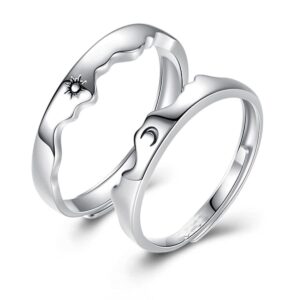 Couple Matching Rings for Woman Man Angel Devil Wings Dragon Arrow Open Rings Adjustable Sun Moon Promise Rings Set Friendship Rings Black White Couple Rings for Her and Him (Silver Sun Moon)