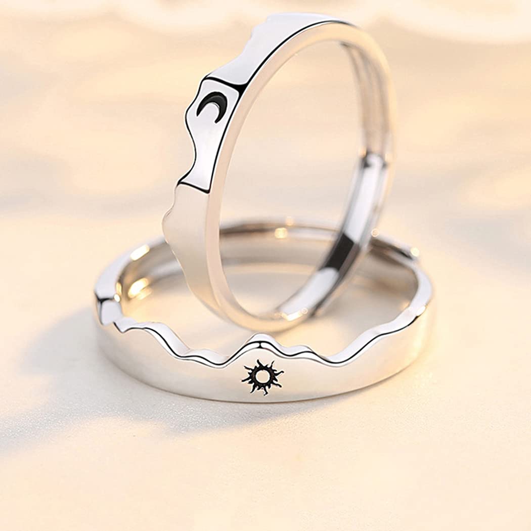 Couple Matching Rings for Woman Man Angel Devil Wings Dragon Arrow Open Rings Adjustable Sun Moon Promise Rings Set Friendship Rings Black White Couple Rings for Her and Him (Silver Sun Moon)