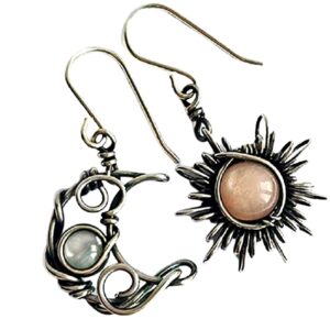 Boho Retro Opal Sun and Moon Dangle Earrings Vintage Silver Asymmetry Moon Star Sun Dangle Drop Earrings Black Moonstone Moon Hypoallergenic Earrings for Women Statement Jewelry (style A)