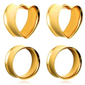 casvort 4 pcs 12mm (1/2'') hypoallergenic 316 stainless steel gold cute heart double flared ear gauges plugs ear tunnels saddle plugs body piercing jewelry