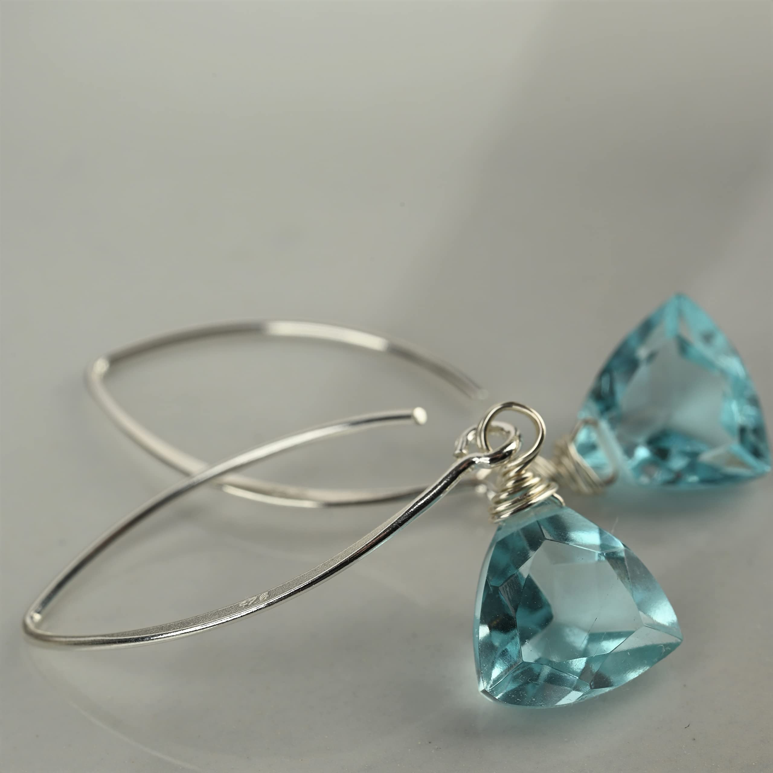 Handmade Dangle Earrings for Women - Aquamarine Blue Quartz Sterling Silver Earrings in Gift Box - Sparkly Blue Quartz Trillion - Lightweight Dangling Earrings - Trendy Long Dangly Drop Earrings