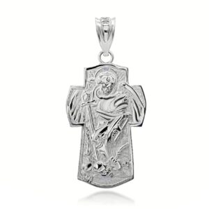 Certified 14k White Gold Saint St. Michael Archangel Cross Shield Amulet Pendant