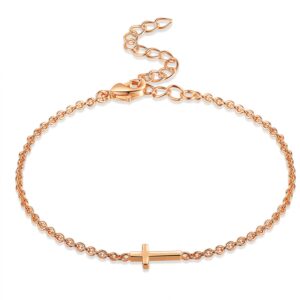 FINELOVE 14K Rose Gold Plated Cubic Zirconia Cross Bracelet for Women - Lucky Square Diamond Bracelets