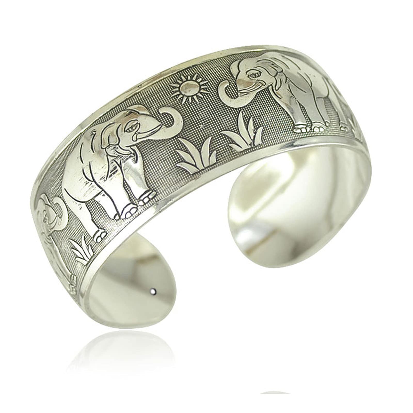 Tibeten Silver Carved Spiral Flower Connecting Branches Pattern Bracelets Vintage Ethnic Elephant Turtle Wide Grooved Open Cuff Bracelet Bangle Party Jewelry for Women Gift-A elephant