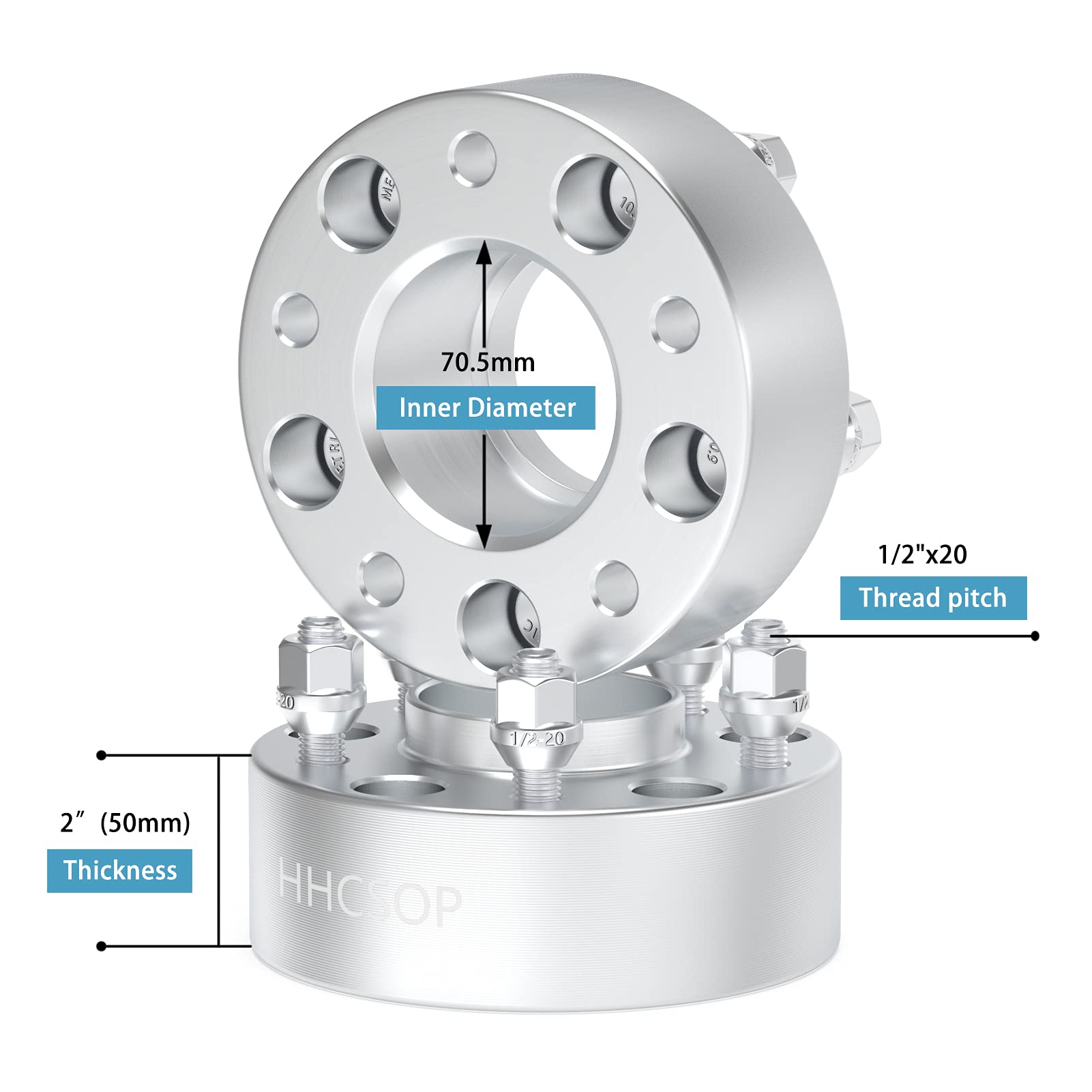 HHCSOP 5x4.5 Wheel Spacers 2 inch, Compatible with Ford Mustang Ranger Edge Explorer Crown Victoria | Lincoln Aviator Town Car Mark 7, 2PCS 5x114.3 Wheel Adapters Hub Bore 70.5mm with 1/2" x20 Studs