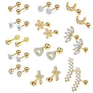 12 Pairs CZ Stud Earrings 16g Cartilage Earring Set Tragus Helix Surgical Stainless Steel Cubic Zirconia Stud Tiny Ball Screw Backs Ear Auricle Cute Love Heart Flower Barbell Piercing Set for Women