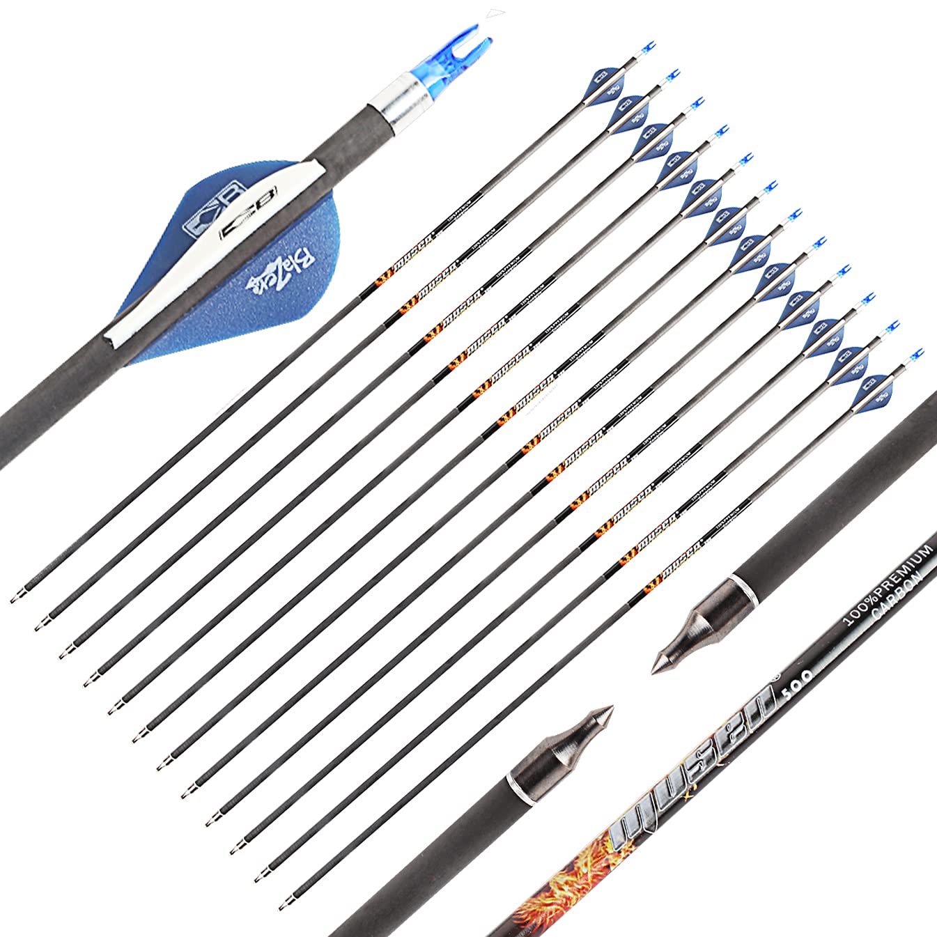 Musen Pure Carbon 30 inch Arrows Hunting Arrows for Recurve Bow,100% Carbon Archery Target Arrows with Removable Tips for Youth Hunters & Bowhunters (Pack of 12) (SP500)