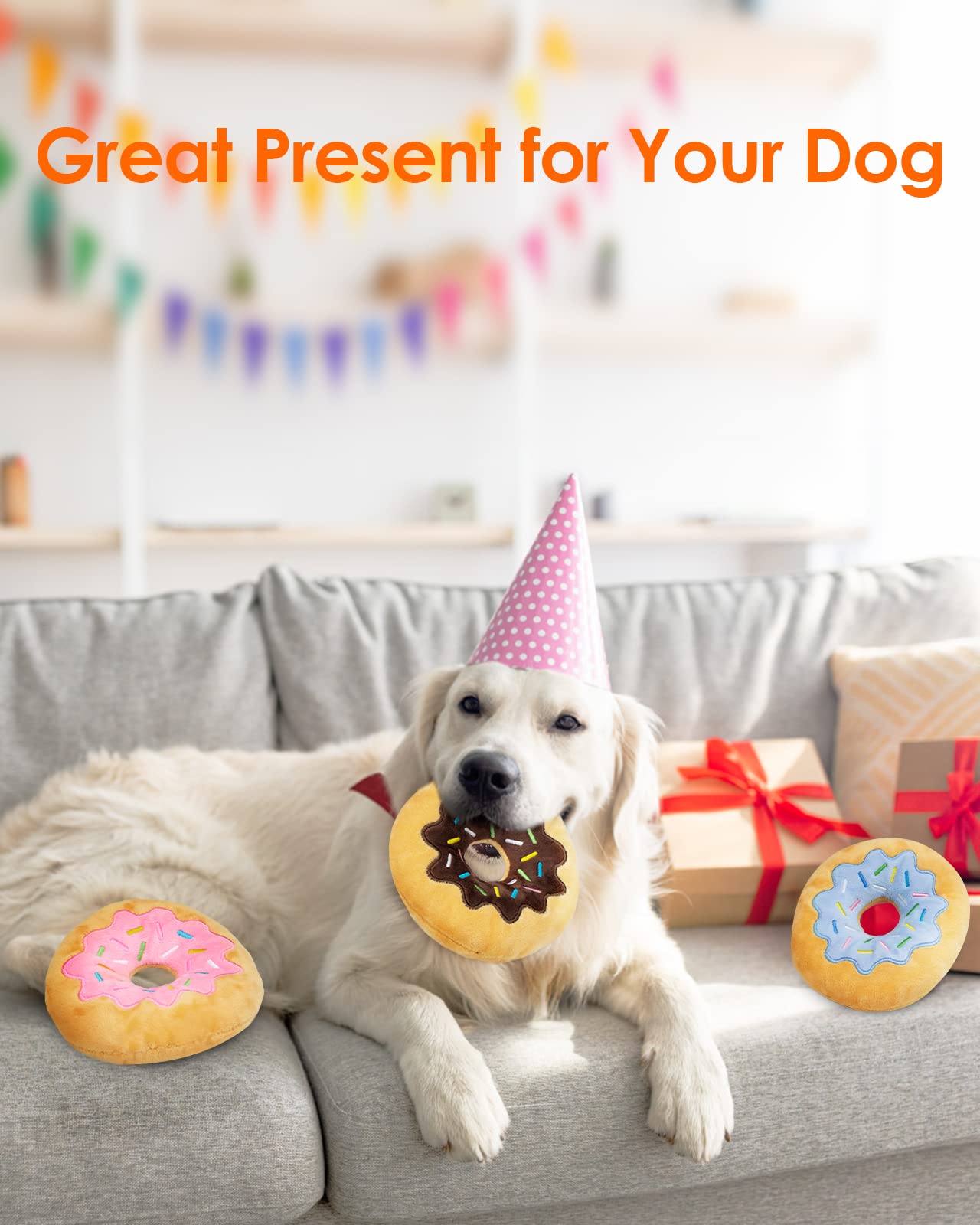 HGB Squeaky Dog Toys, Funny Donut Plush Dog Chew Toys for Teething, Pet Training, and Entertaining, Cute Interactive Dog Toy (3 Pack)