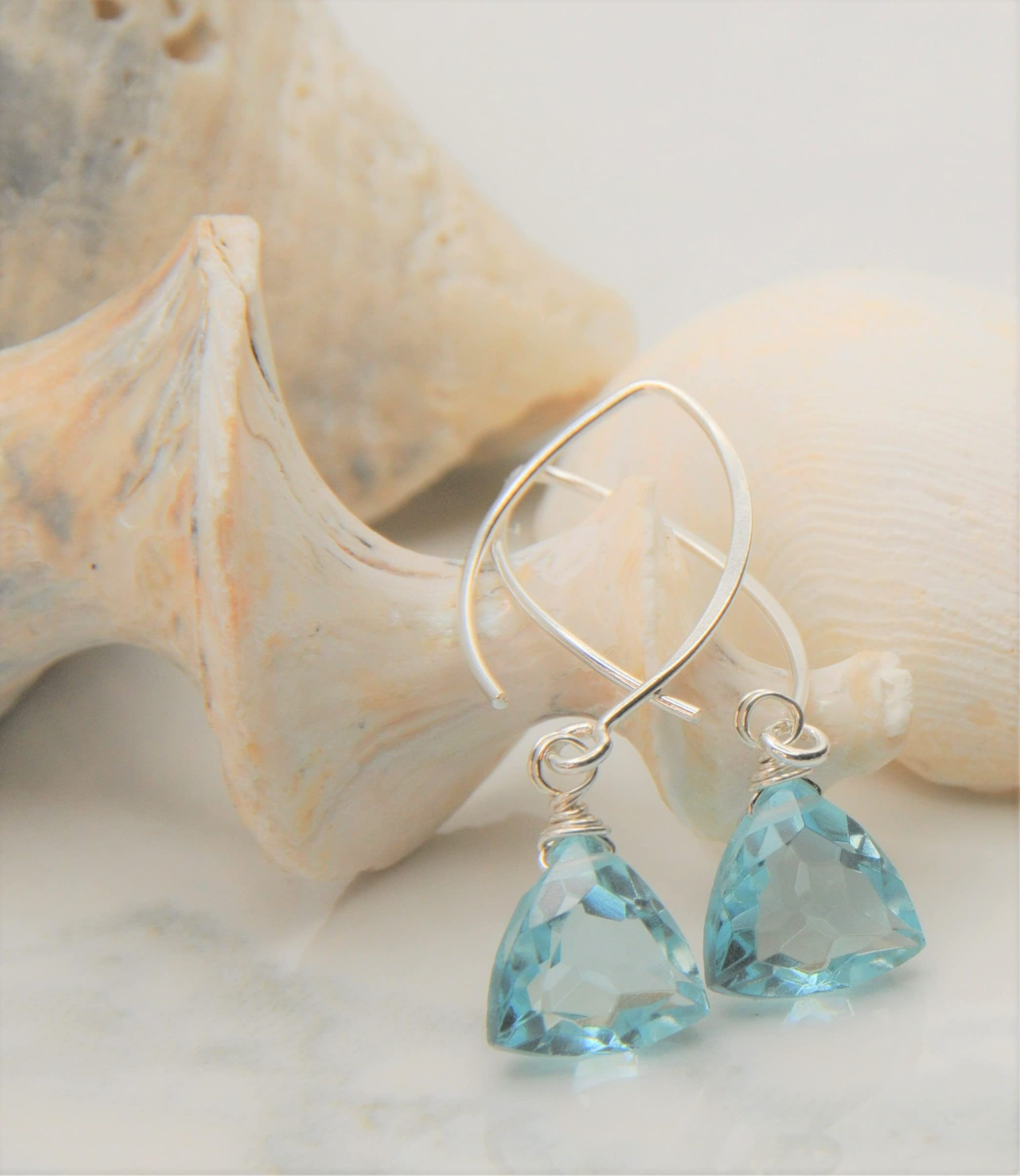 Handmade Dangle Earrings for Women - Aquamarine Blue Quartz Sterling Silver Earrings in Gift Box - Sparkly Blue Quartz Trillion - Lightweight Dangling Earrings - Trendy Long Dangly Drop Earrings