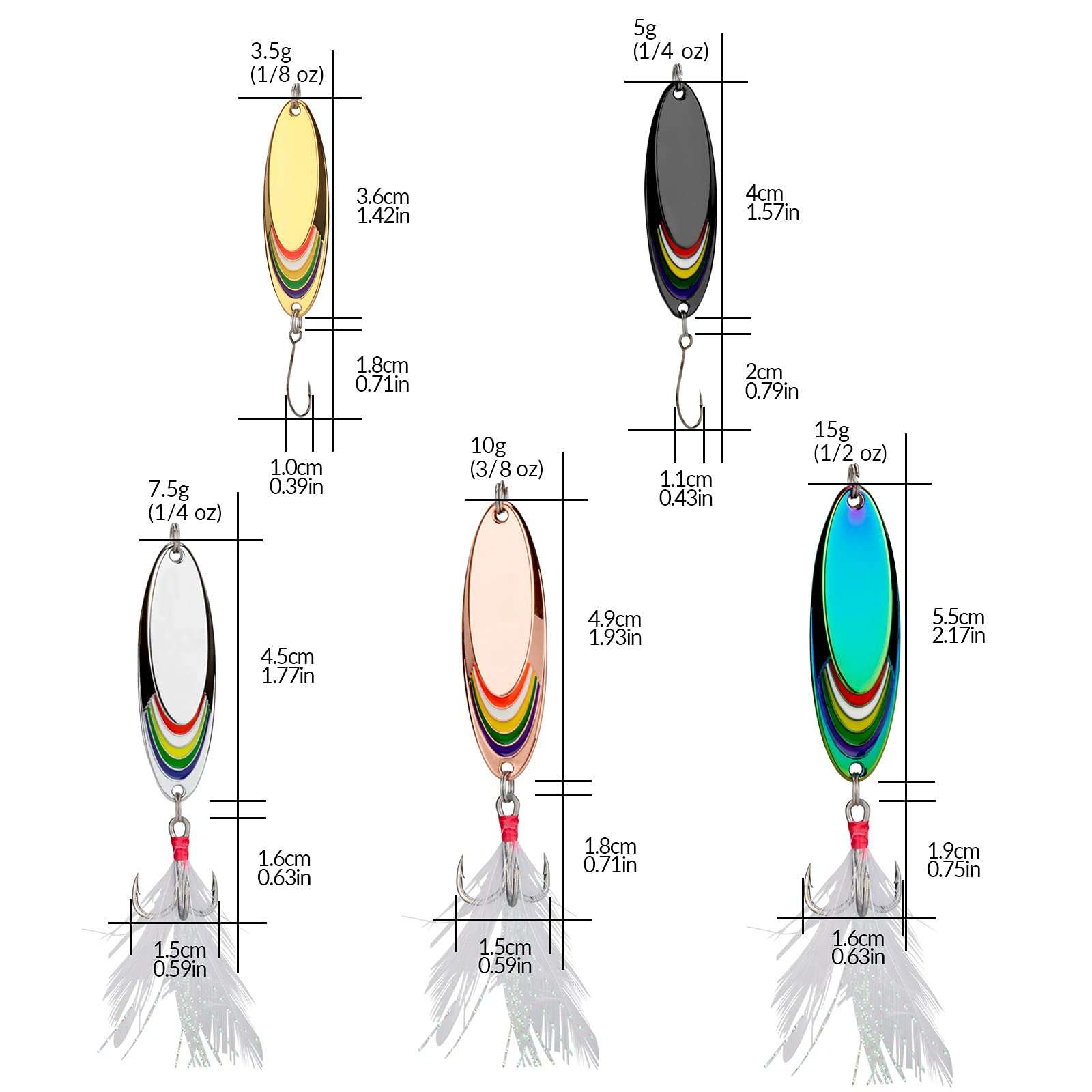 QualyQualy Fishing Lure Fishing Spoons Fishing Trout Lures Walleye Spoons Fishing Spoon Lures for Trout Bass Pike Crappie Walleye 5Pcs 1/8oz 1/6oz 1/4oz 3/8oz 1/2oz 5Pcs