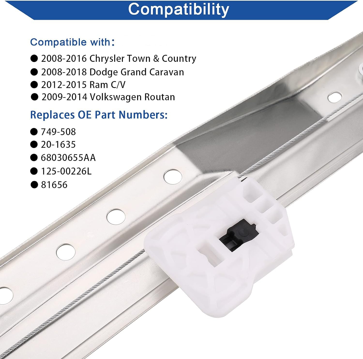 Obaee 749-508 Front Driver Side Power Window Lift Regulator Without Motor Compatible with Chrysler Town & Country Dodge Grand Caravan Ram C/V Volkswagen Routan Replace OE 68030655A