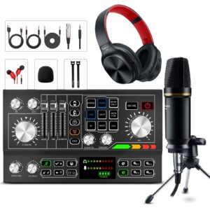 podcast equipment bundle aluminum alloy panel with studio condenser microphone sound dj mixer broadcast audio interface diy sound effect for pc laptop phone,streaming recording, black