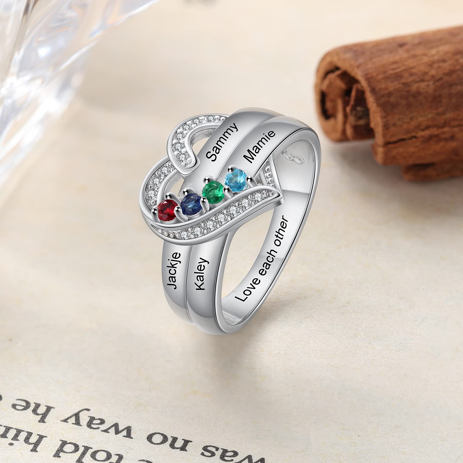 Mothers Ring,Personalized Anniversary Rings for Women Engagement Ring with 1-8 Birthstones Rings for Mother's Days Promise Ring for Her (4 names, 7)