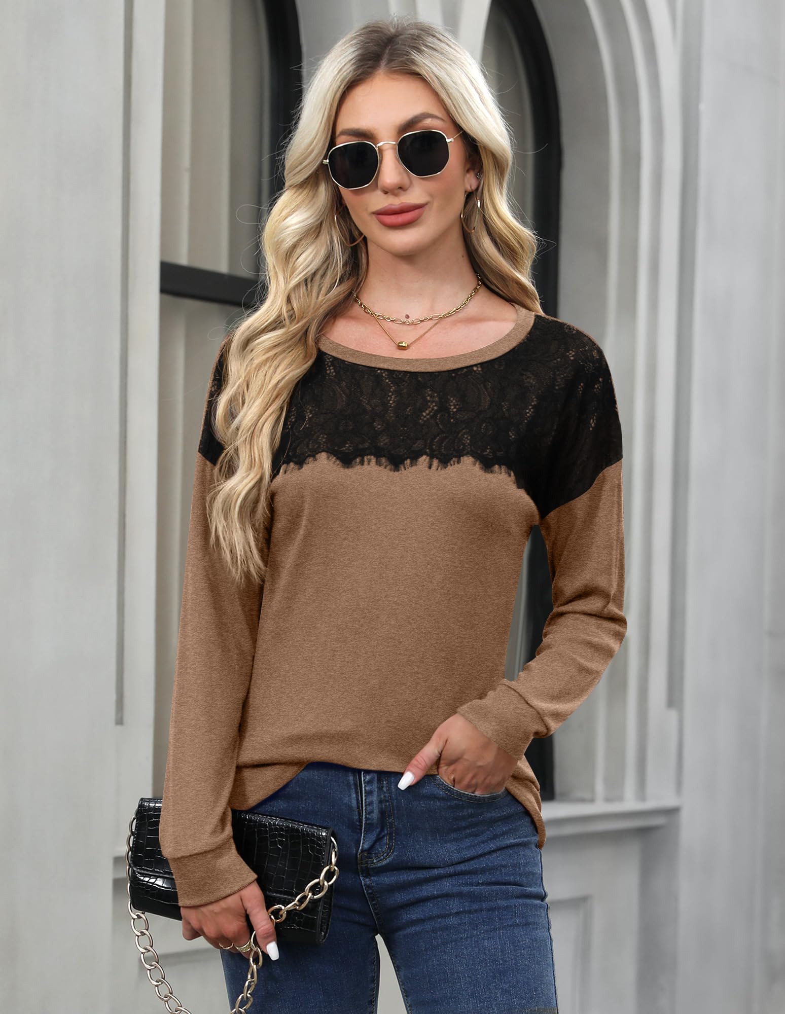 Women Fall Long Sleeve Holiday Lace Blouse Casual Trendy Formal Sweatshirt Brown M