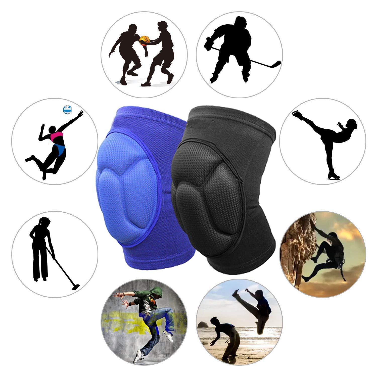 Sponge Cushioned Knee Support Pad 1 Pair Crush proof Sport Kneecap Brace Elastic Sleeve Fitness Bike Basketball MMA Boxing Ski Knee Injury Protector Guard - Pain- relief, Warm-up