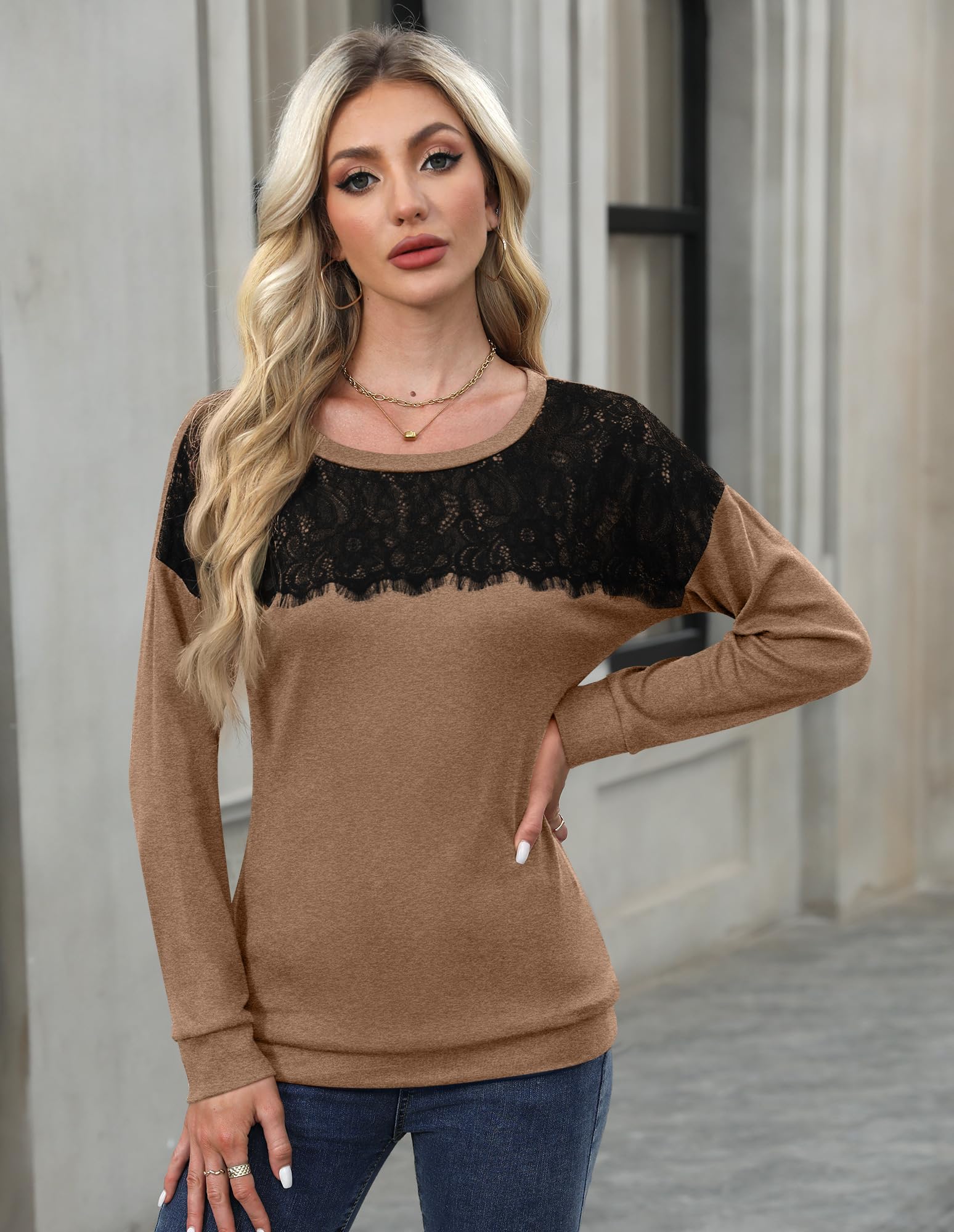 Women Fall Long Sleeve Holiday Lace Blouse Casual Trendy Formal Sweatshirt Brown M