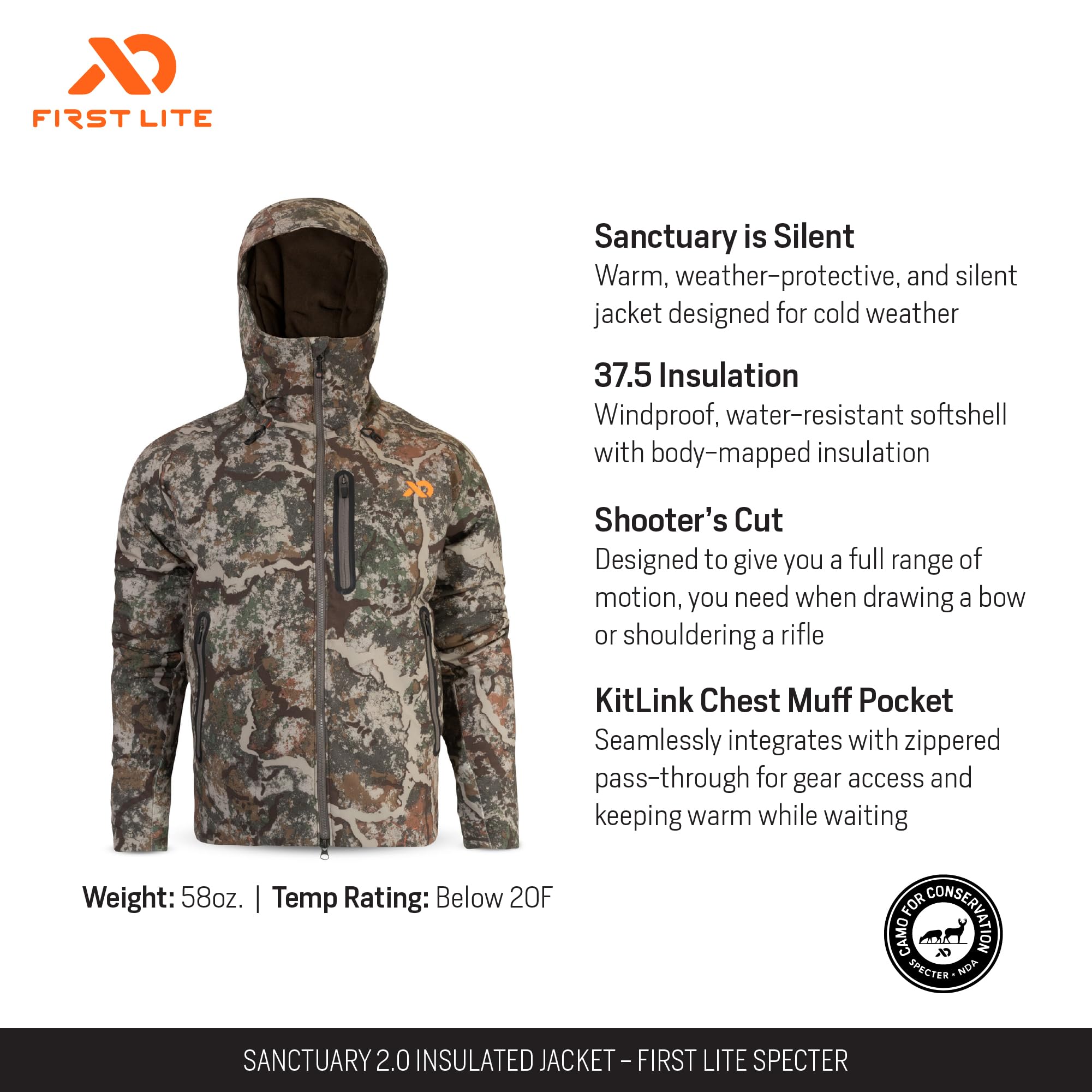 First Lite Sanctuary 2.0 Insulated Jacket - Fleece Hooded Windproof Camo Hunting Coat - First Lite Specter - Medium