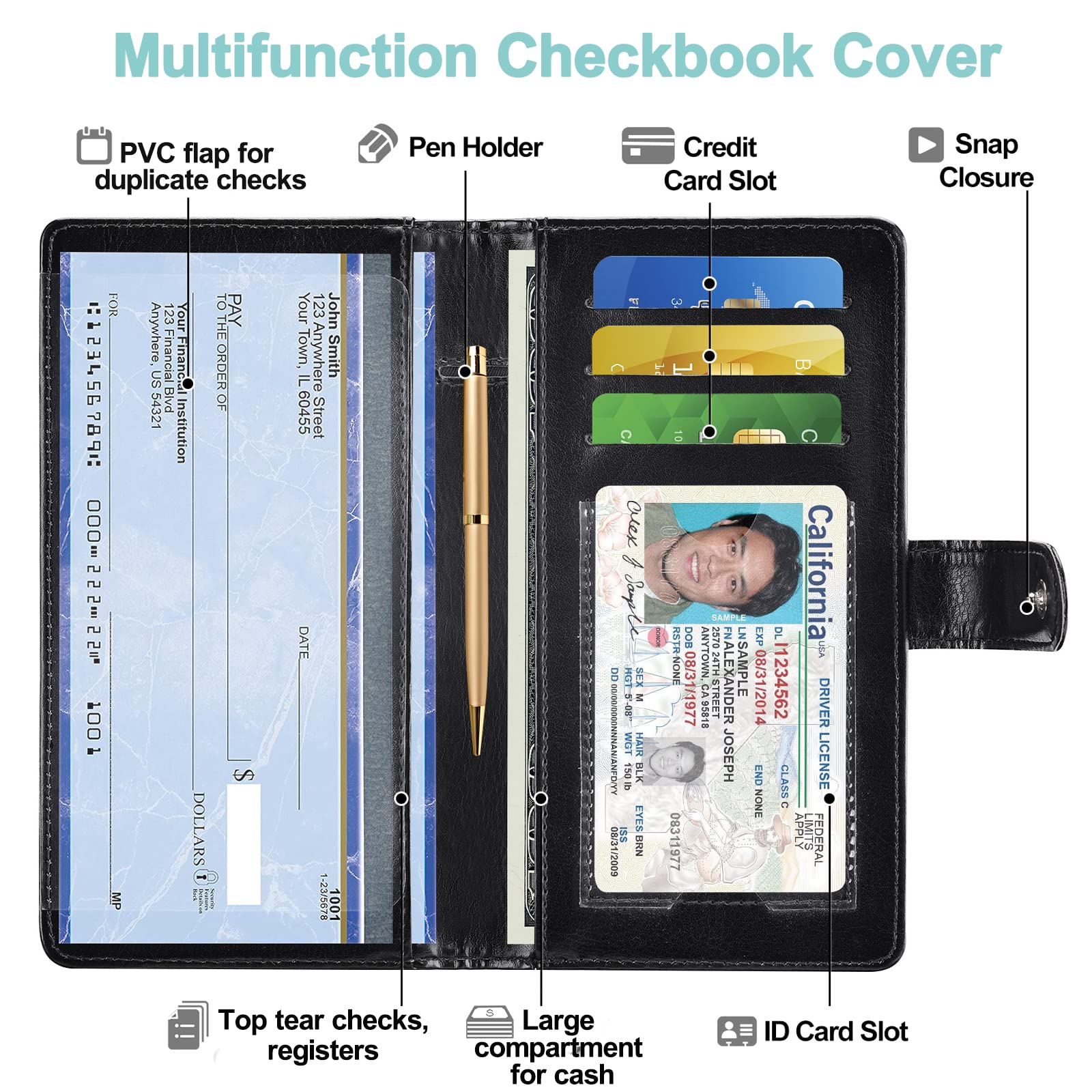 Black Checkbook Covers- Leather RFID Check Registers for Personal Checkbook，Women&Men Wallets with Checkbook Holder Case (Black)