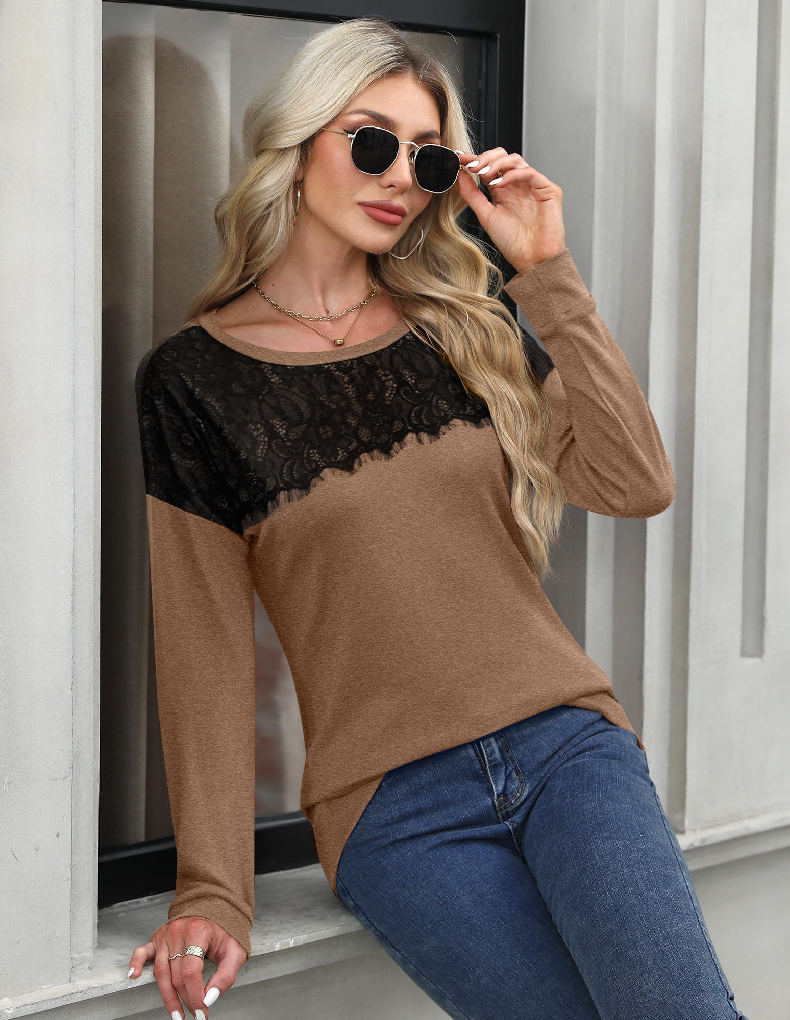 Women Fall Long Sleeve Holiday Lace Blouse Casual Trendy Formal Sweatshirt Brown M