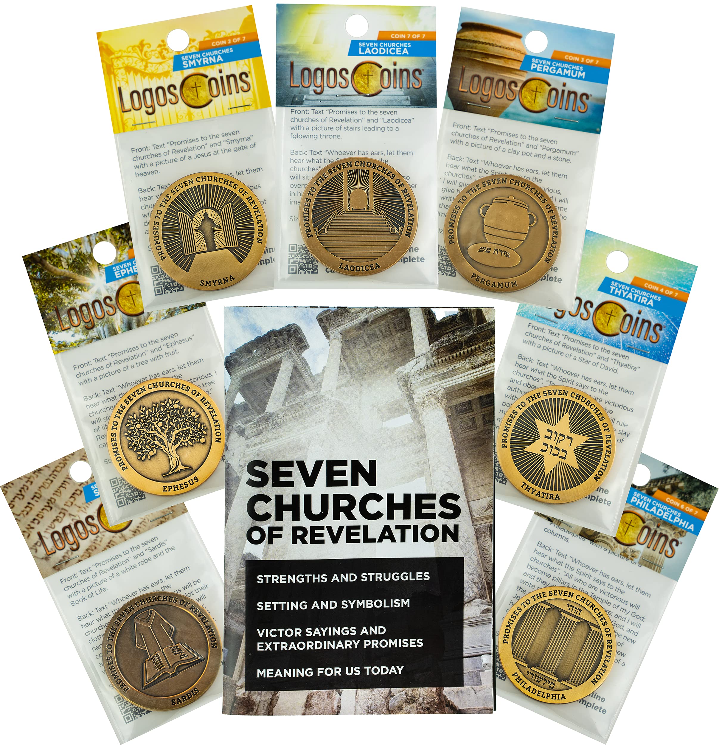 Bible Study Set, The Seven Churches of Revelation, 7 Study Booklets & 7 Challenge Coins, Bulk Bible Study Supplies for Men & Women, Christian Group Devotional Gift Set, Early Church Life Applications