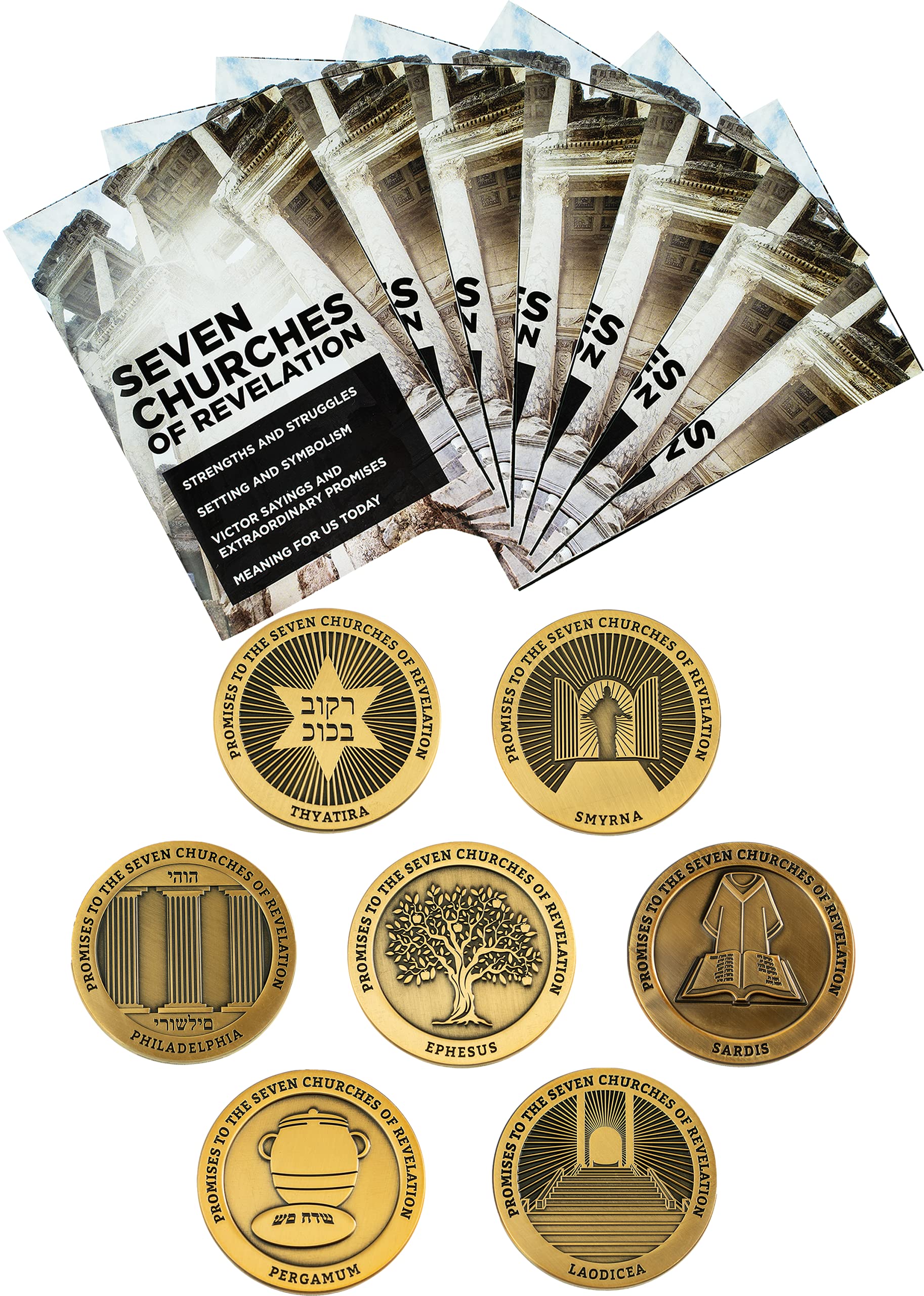 Bible Study Set, The Seven Churches of Revelation, 7 Study Booklets & 7 Challenge Coins, Bulk Bible Study Supplies for Men & Women, Christian Group Devotional Gift Set, Early Church Life Applications