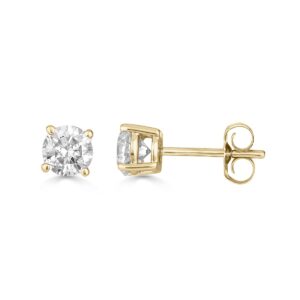 1 Carat Total Weight Round Diamond Stud Earrings in 14K Yellow Gold for Women with Push Backs - (JK Color, I1 Clarity) - IGL Certificate Included