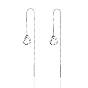 Reffeer Solid 925 Sterling Silver Love Heart Chain Dangle Earrings Tassel for Women Heart Dangle Earrings Threader Drops (A-Silver)