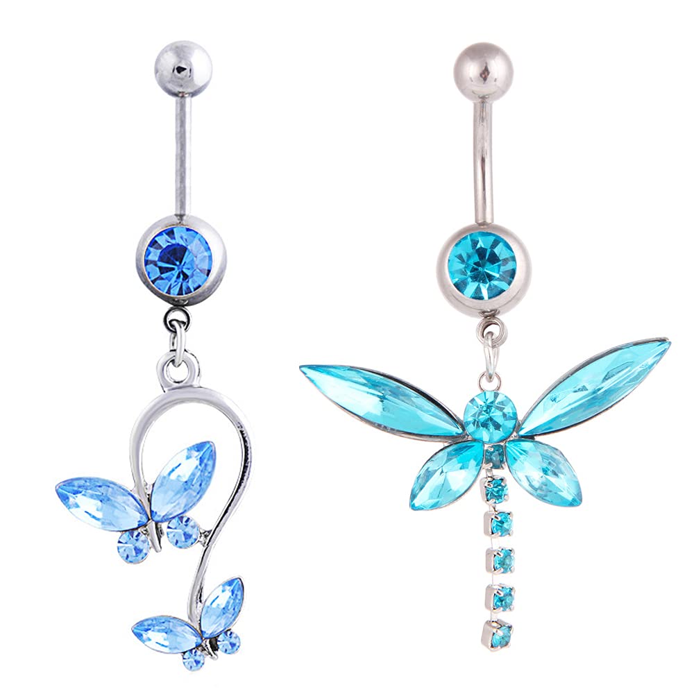 Butterfly Dangle Belly Button Rings For Women Blue Crystal Stainless Steel Animal Cute Sexy Butterfly Belly Button Rings Set Jewelry For Women (Blue)